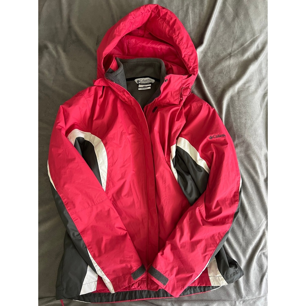 Columbia Interchange Jacket Womens Large Red Gray 3-in-1 Fleece Liner Hooded